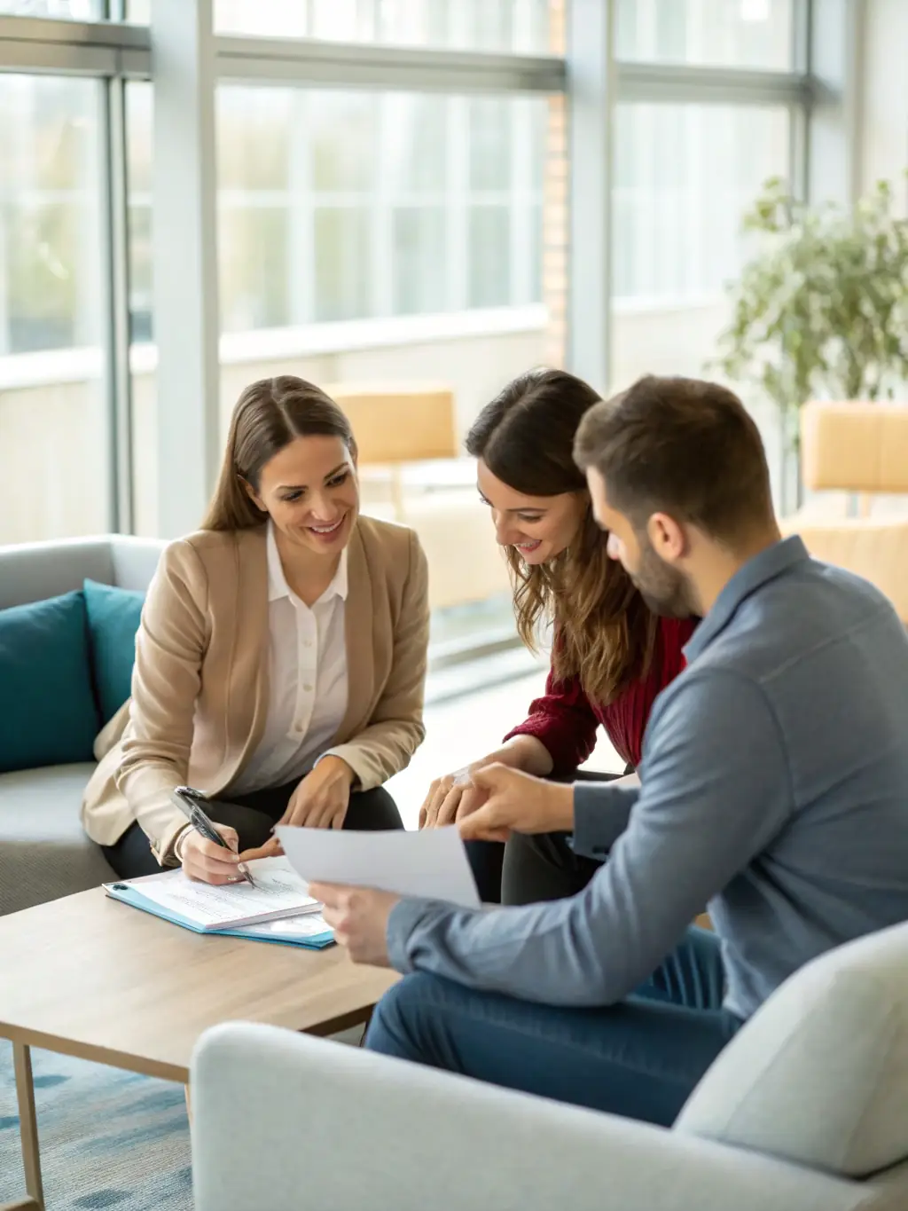 A couple reviewing financial documents with a mortgage advisor, emphasizing personalized service.